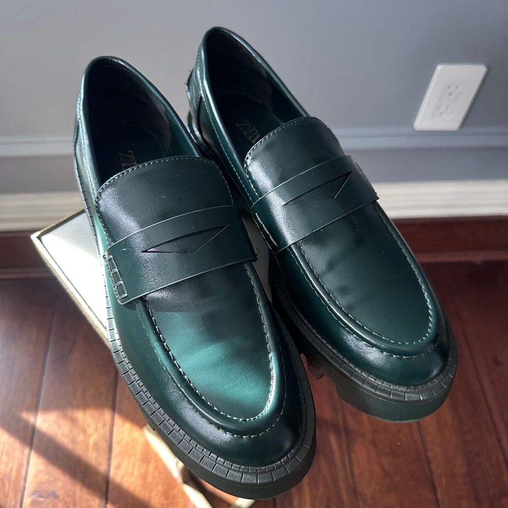 Zara Dark Green Leather Penny Loafers - Picture 2 of 6